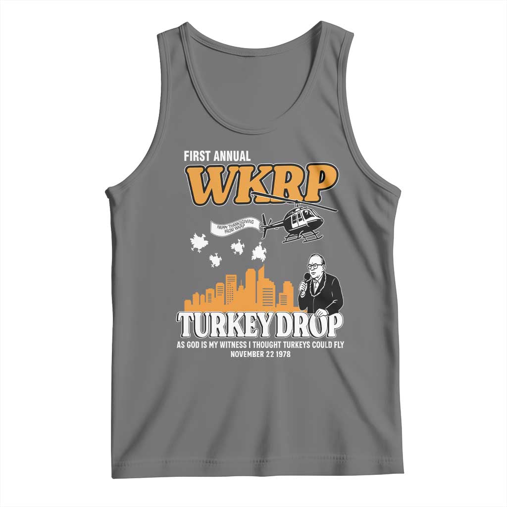 WKRP Turkey Drop with Les Nessman Tank Top Retro Thanksgiving Humor for Classic TV Fans - Wonder Print Shop