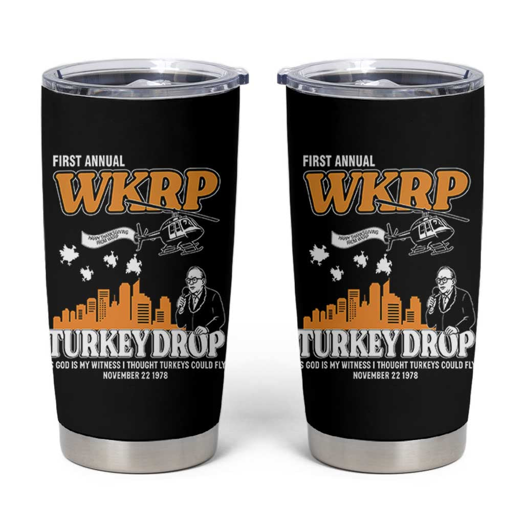 WKRP Turkey Drop with Les Nessman Tumbler Cup Retro Thanksgiving Humor for Classic TV Fans - Wonder Print Shop