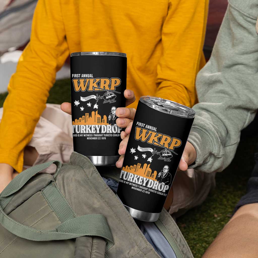 WKRP Turkey Drop with Les Nessman Tumbler Cup Retro Thanksgiving Humor for Classic TV Fans - Wonder Print Shop