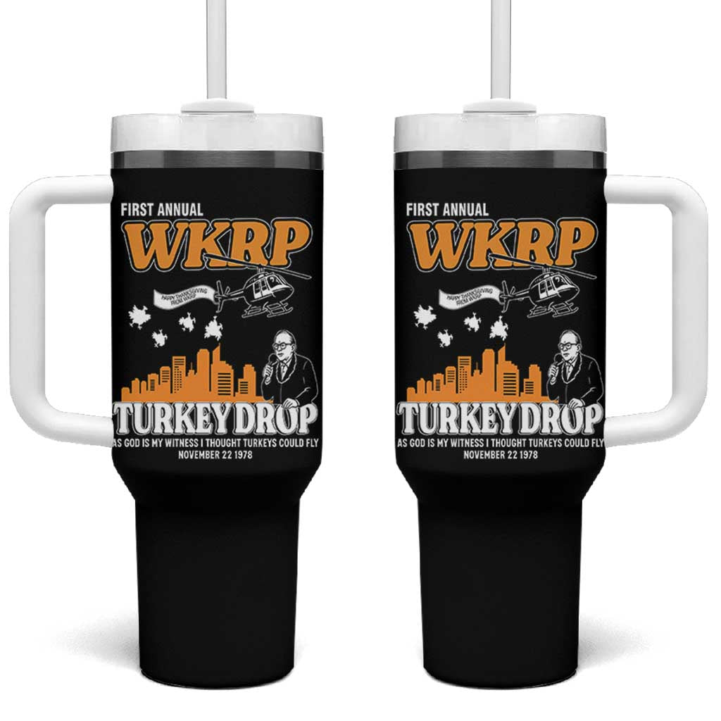 WKRP Turkey Drop with Les Nessman Tumbler With Handle Retro Thanksgiving Humor for Classic TV Fans - Wonder Print Shop