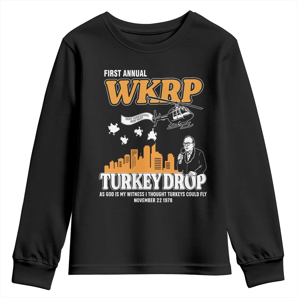WKRP Turkey Drop with Les Nessman Youth Sweatshirt Retro Thanksgiving Humor for Classic TV Fans - Wonder Print Shop