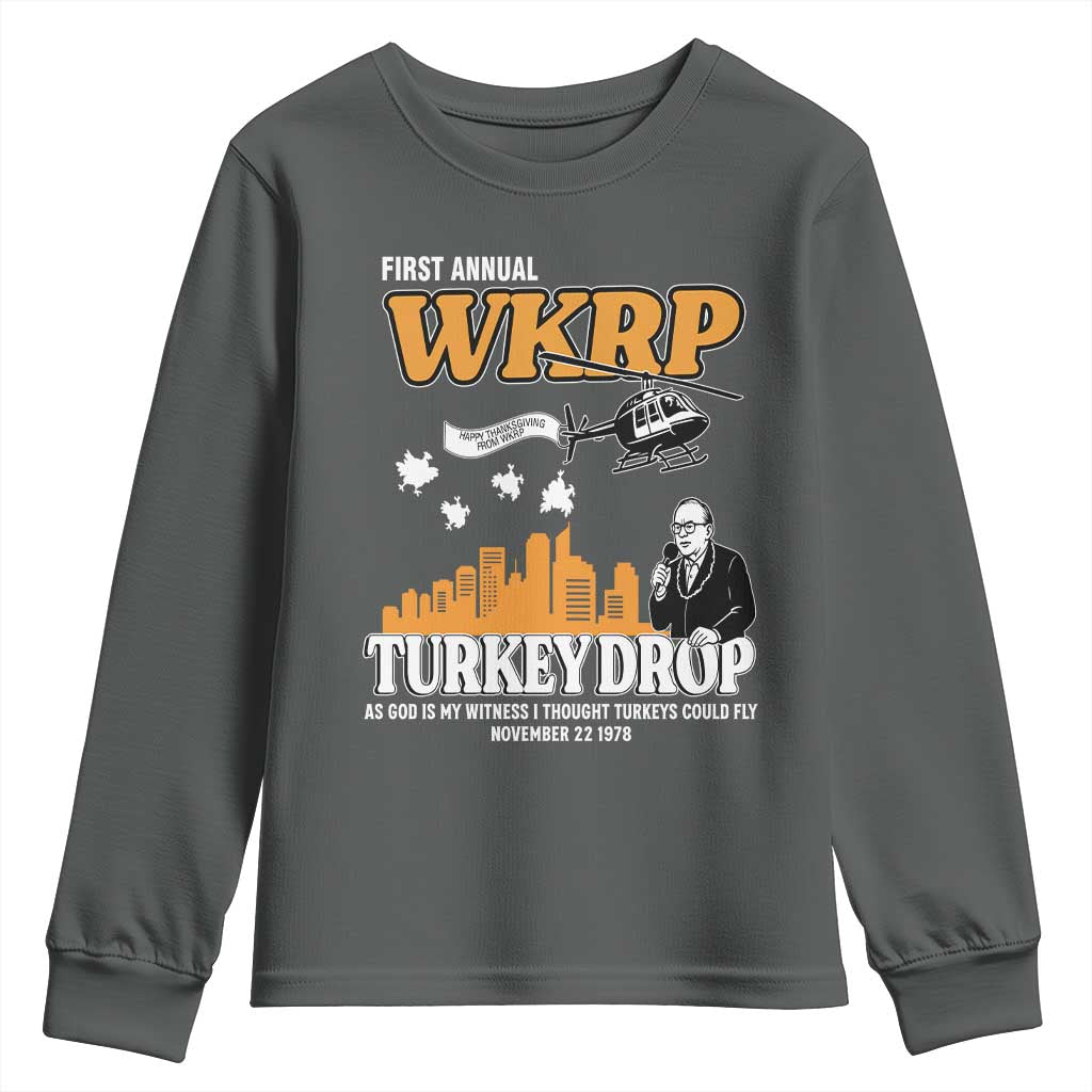 WKRP Turkey Drop with Les Nessman Youth Sweatshirt Retro Thanksgiving Humor for Classic TV Fans - Wonder Print Shop