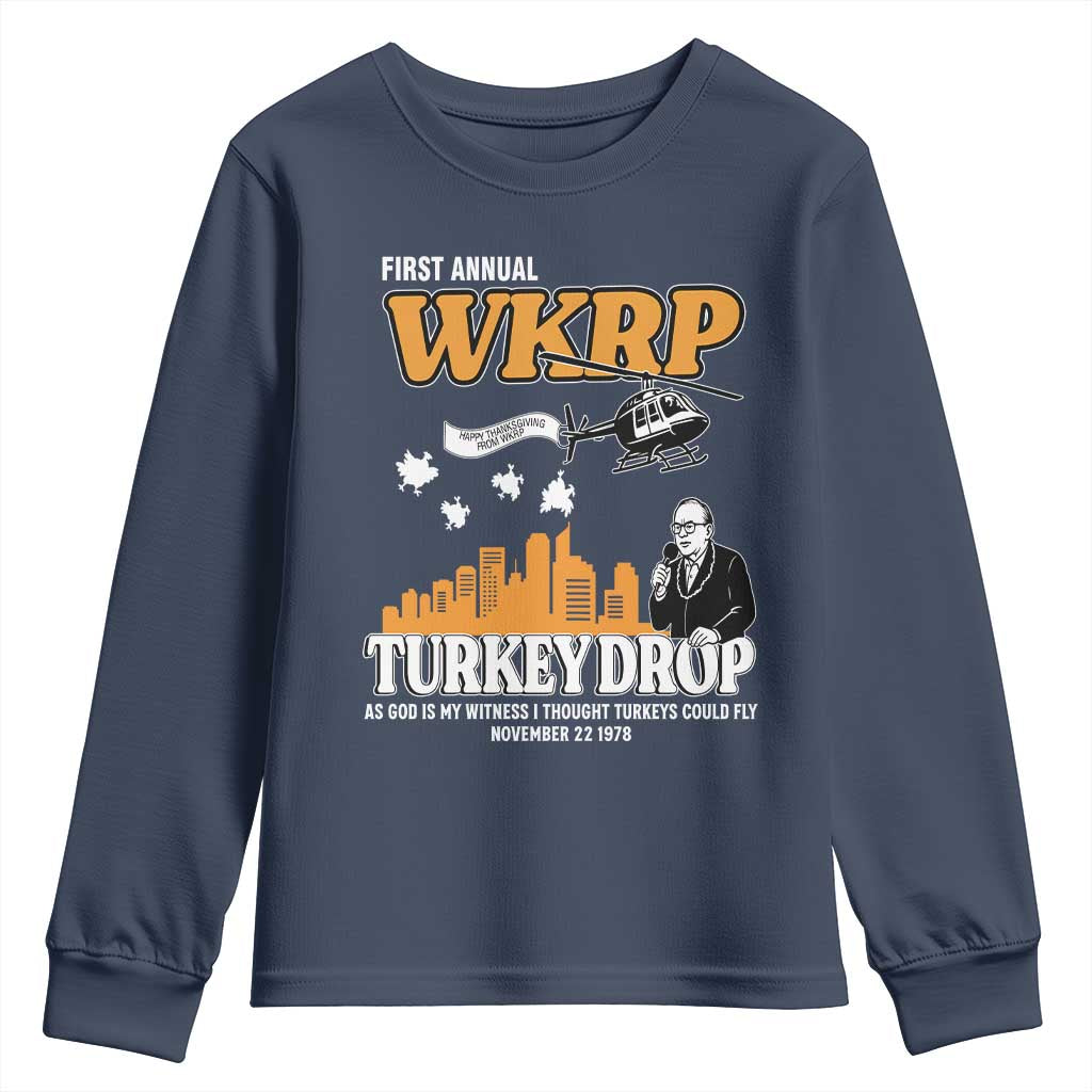 WKRP Turkey Drop with Les Nessman Youth Sweatshirt Retro Thanksgiving Humor for Classic TV Fans - Wonder Print Shop