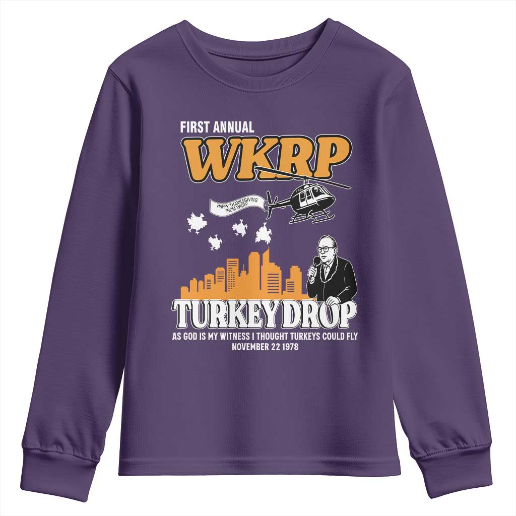 WKRP Turkey Drop with Les Nessman Youth Sweatshirt Retro Thanksgiving Humor for Classic TV Fans - Wonder Print Shop