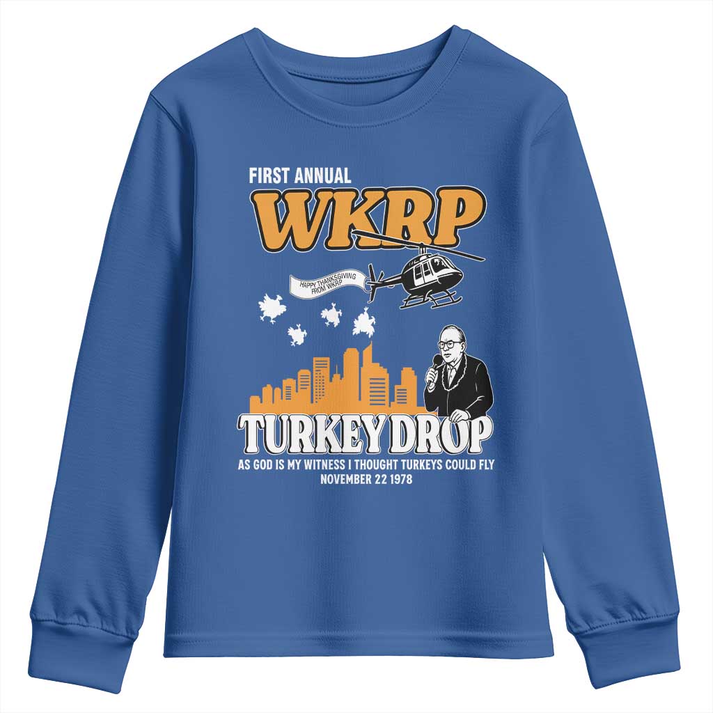 WKRP Turkey Drop with Les Nessman Youth Sweatshirt Retro Thanksgiving Humor for Classic TV Fans - Wonder Print Shop