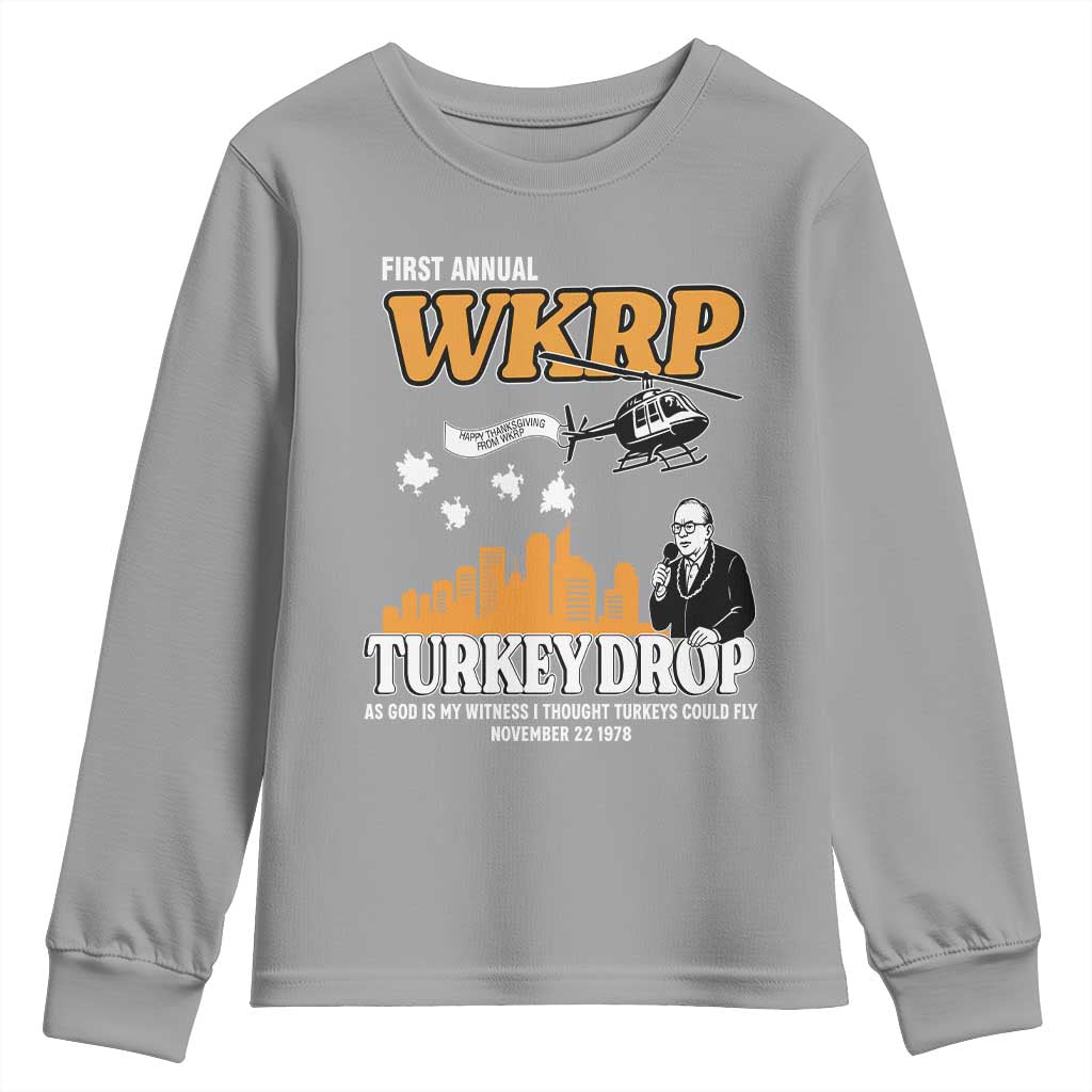 WKRP Turkey Drop with Les Nessman Youth Sweatshirt Retro Thanksgiving Humor for Classic TV Fans - Wonder Print Shop