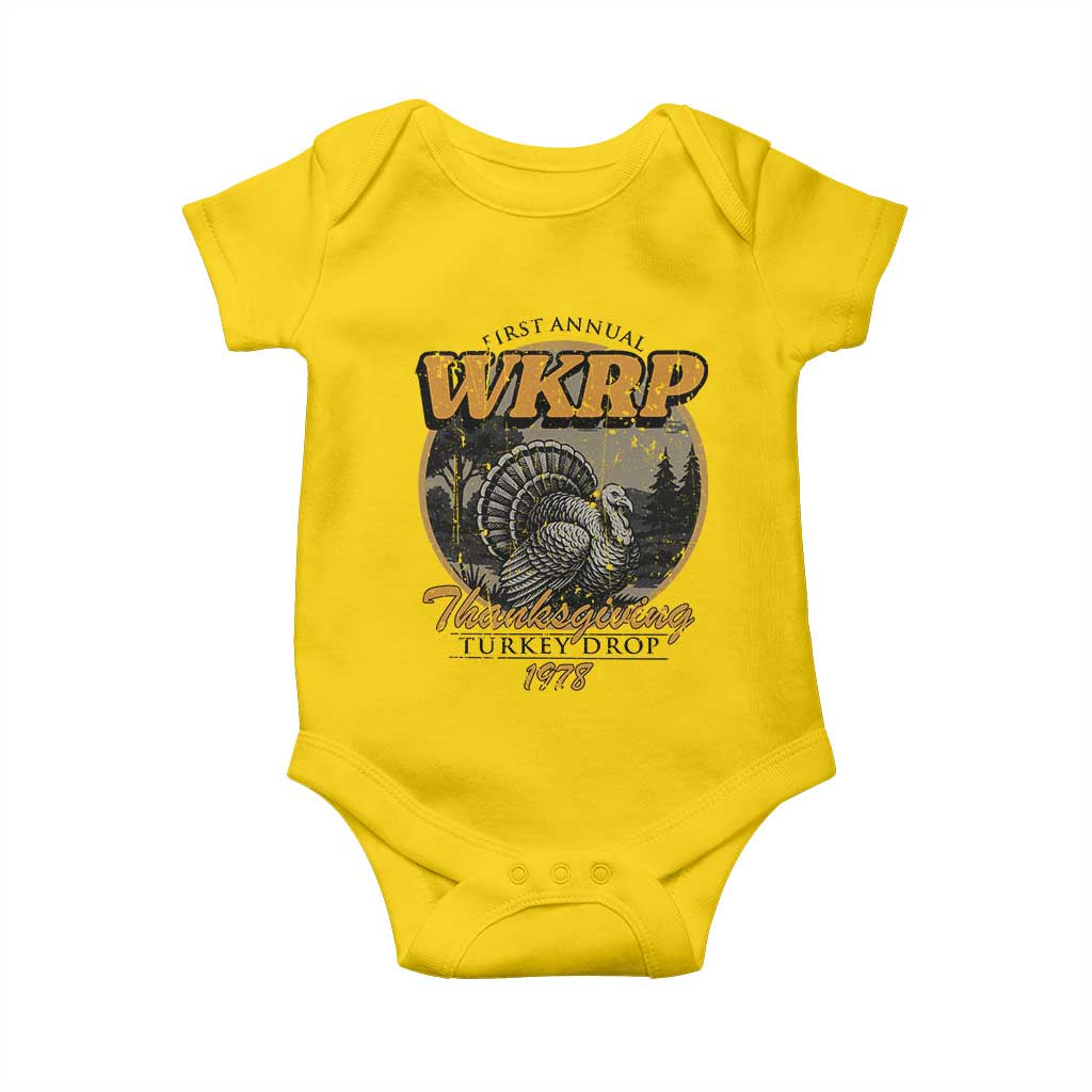 Retro WKRP Thanksgiving Turkey Drop 1978 Baby Onesie Distressed Vintage Holiday - Wonder Print Shop