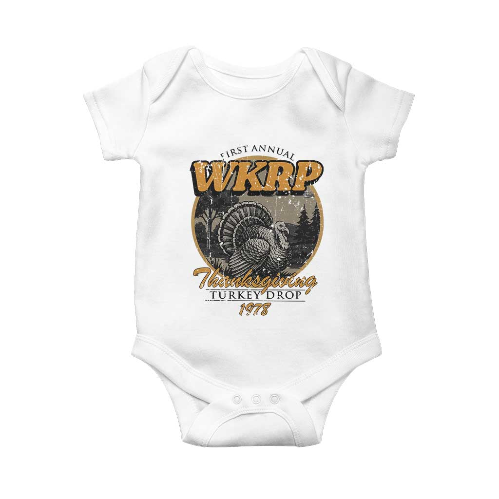 Retro WKRP Thanksgiving Turkey Drop 1978 Baby Onesie Distressed Vintage Holiday - Wonder Print Shop