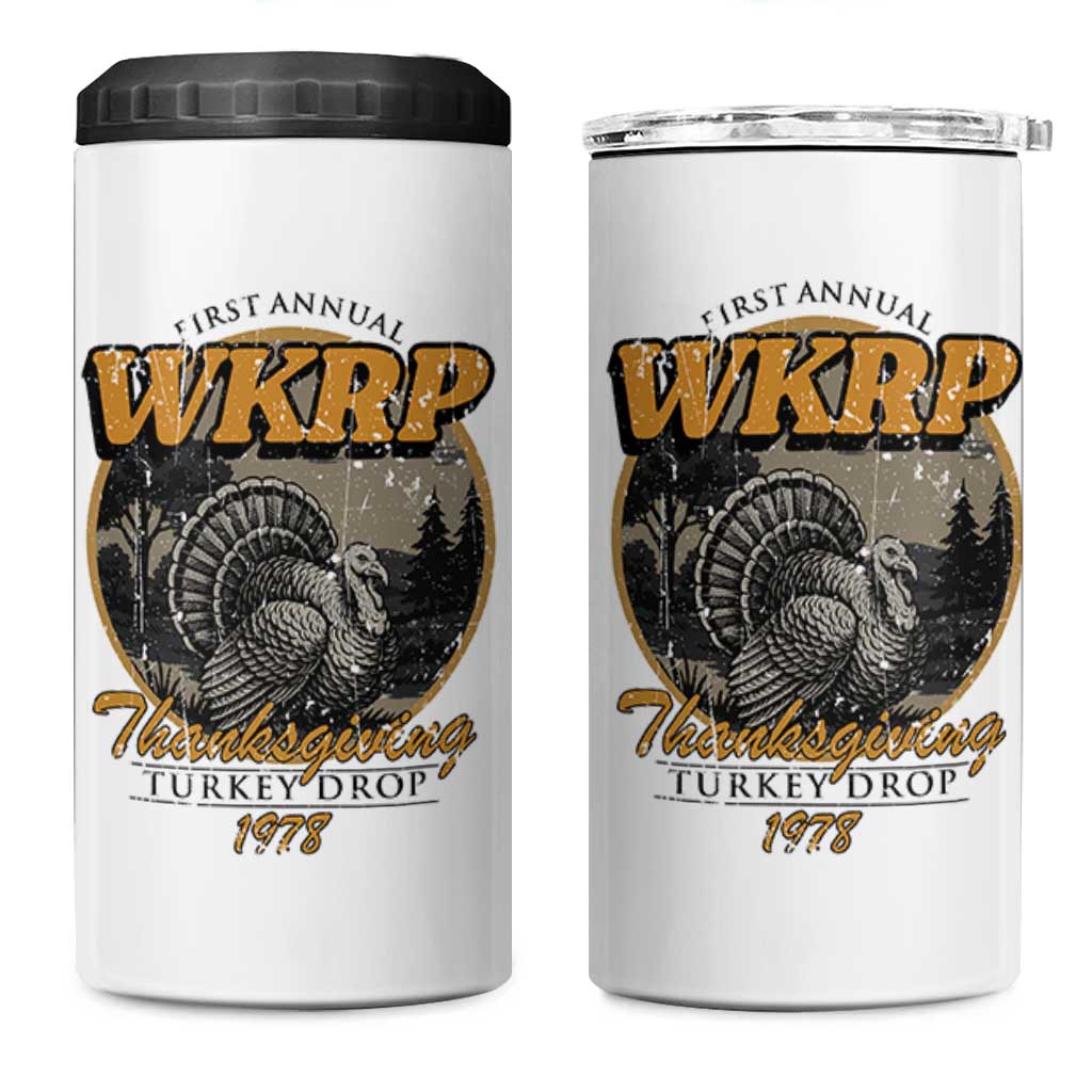 Retro WKRP Thanksgiving Turkey Drop 1978 4 in 1 Can Cooler Tumbler Distressed Vintage Holiday - Wonder Print Shop