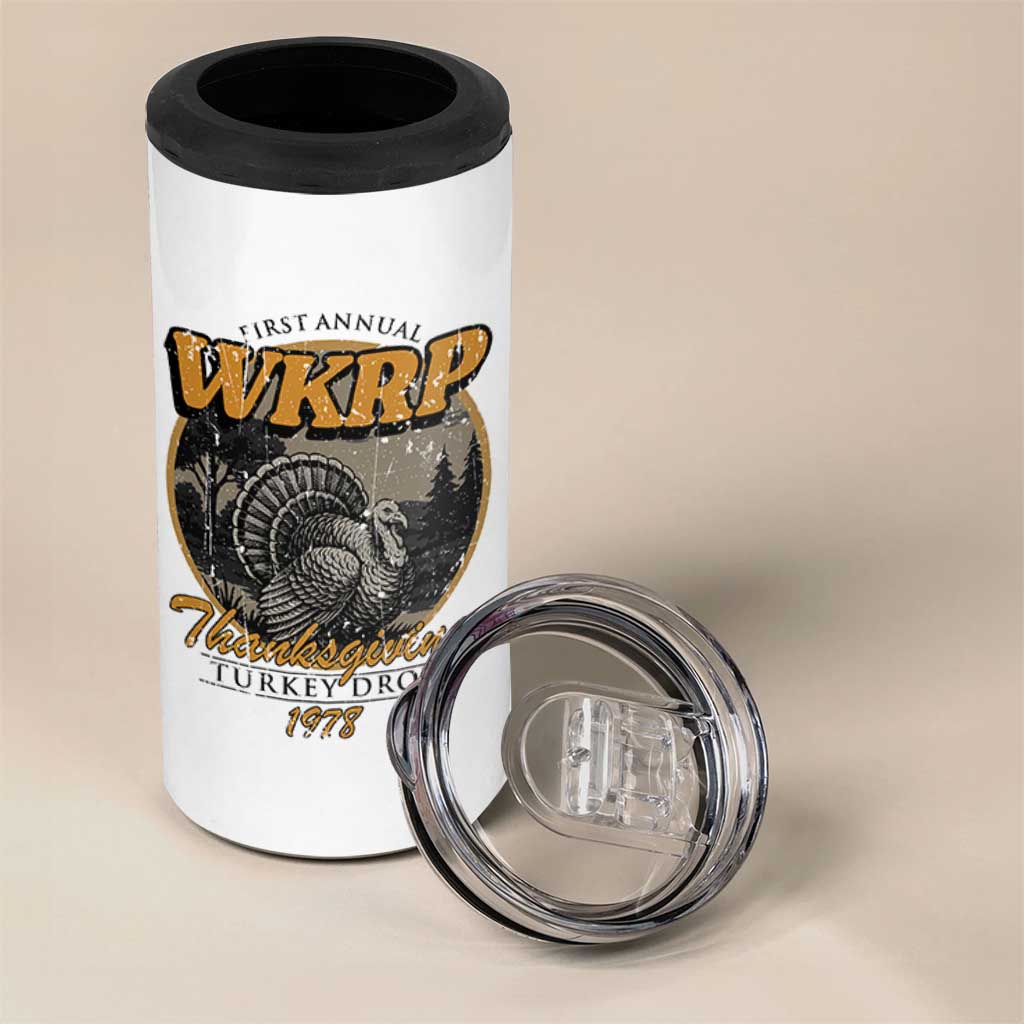Retro WKRP Thanksgiving Turkey Drop 1978 4 in 1 Can Cooler Tumbler Distressed Vintage Holiday - Wonder Print Shop