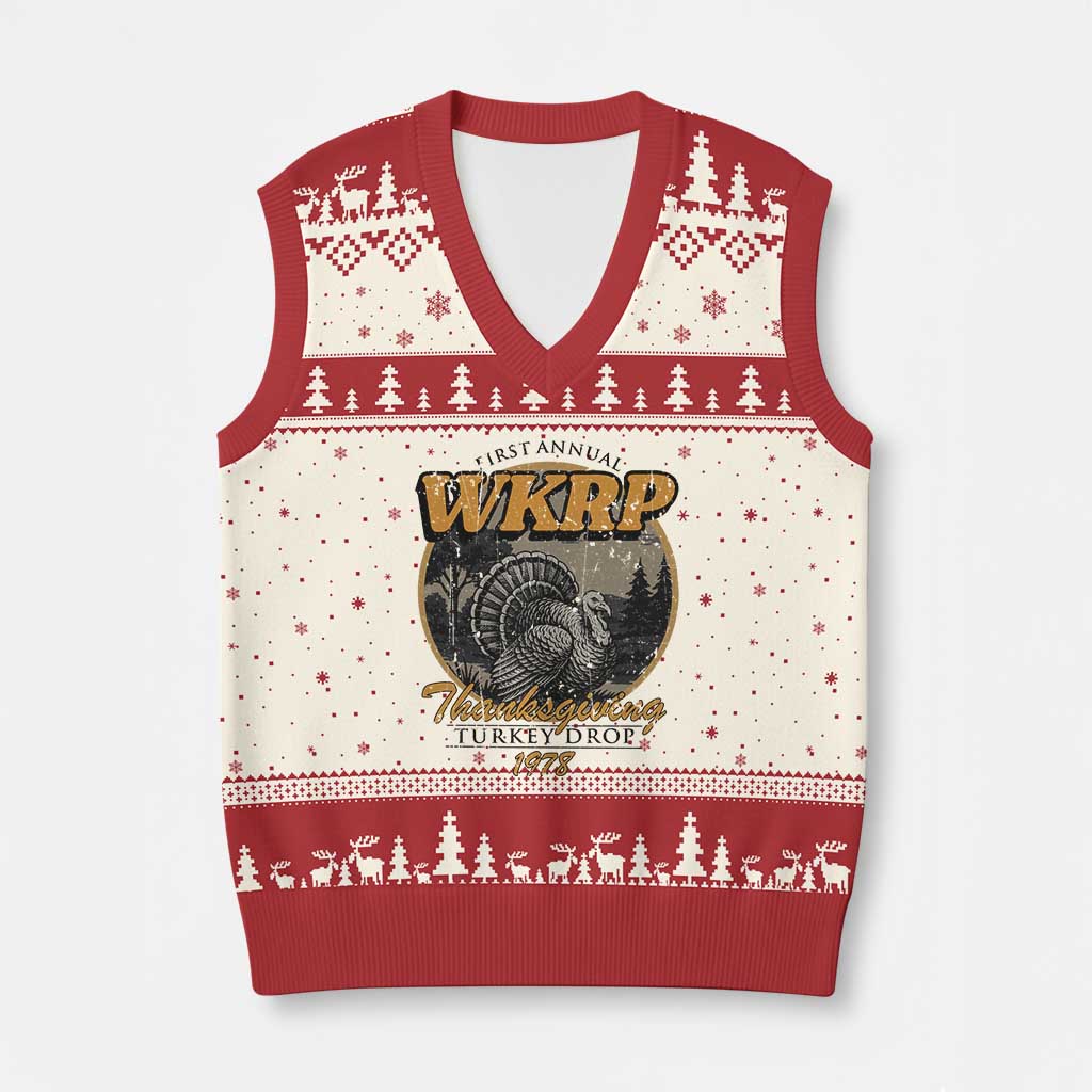 Retro WKRP Thanksgiving Turkey Drop 1978 V-Neck Knit Sweater Vest Distressed Vintage Holiday - Wonder Print Shop