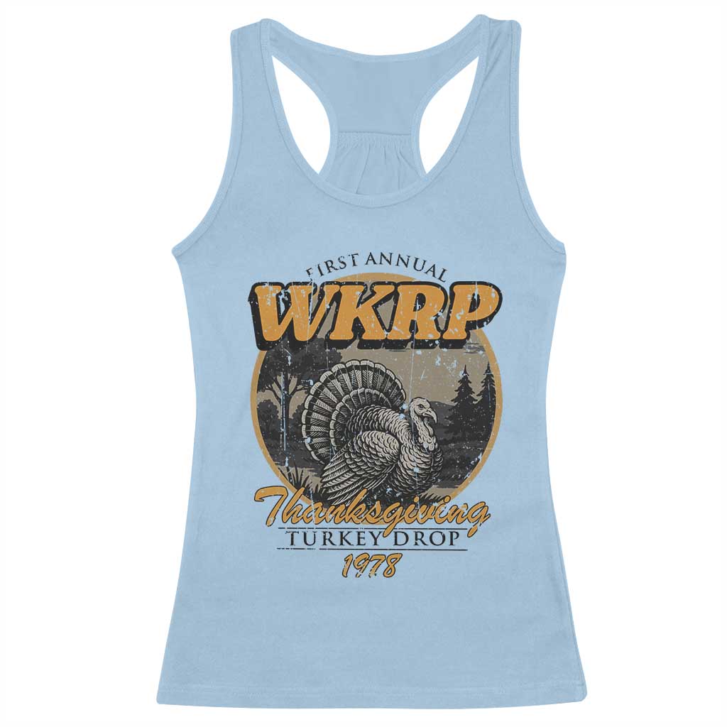 Retro WKRP Thanksgiving Turkey Drop 1978 Racerback Tank Top Distressed Vintage Holiday - Wonder Print Shop