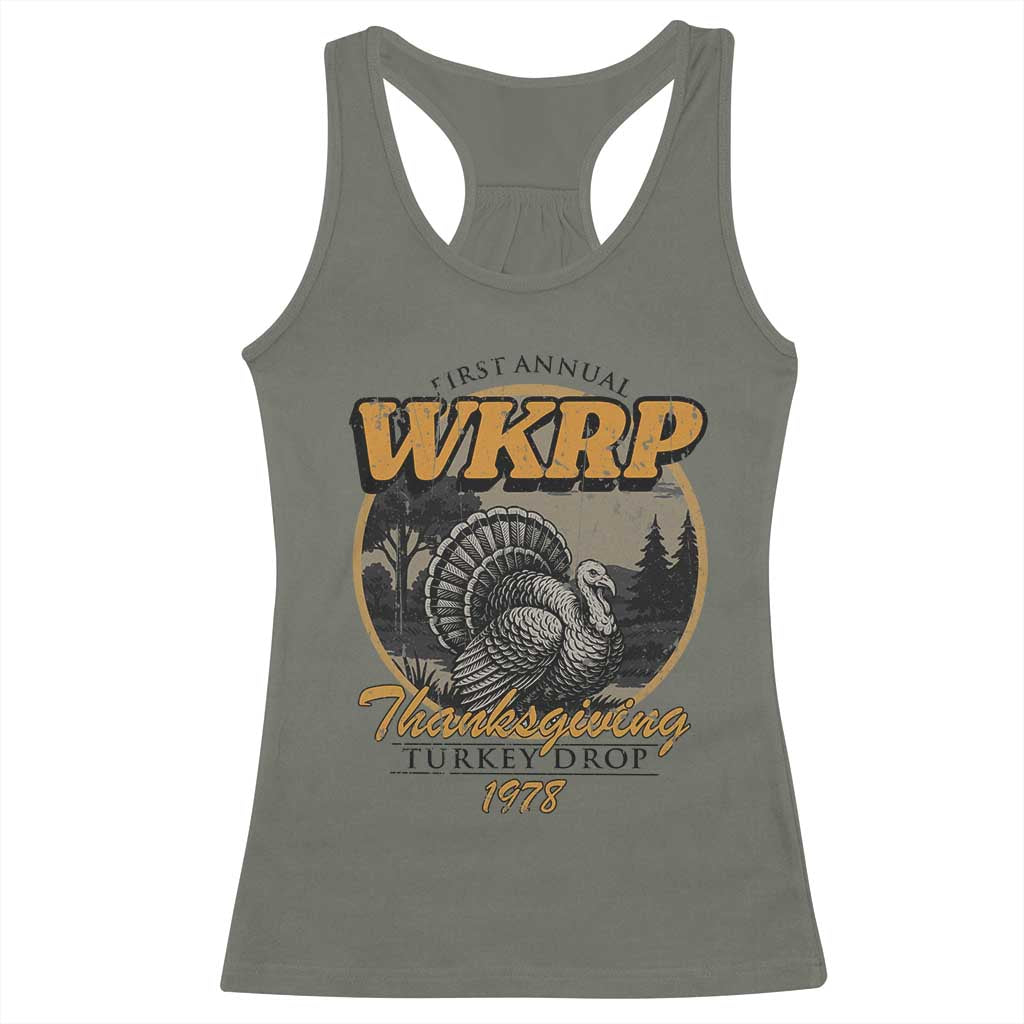 Retro WKRP Thanksgiving Turkey Drop 1978 Racerback Tank Top Distressed Vintage Holiday - Wonder Print Shop