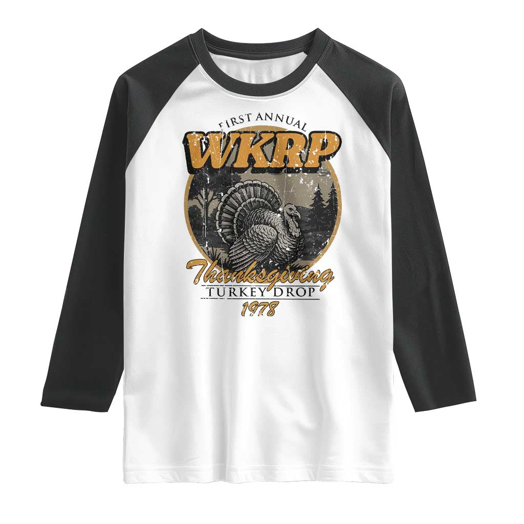 Retro WKRP Thanksgiving Turkey Drop 1978 Raglan Shirt Distressed Vintage Holiday - Wonder Print Shop