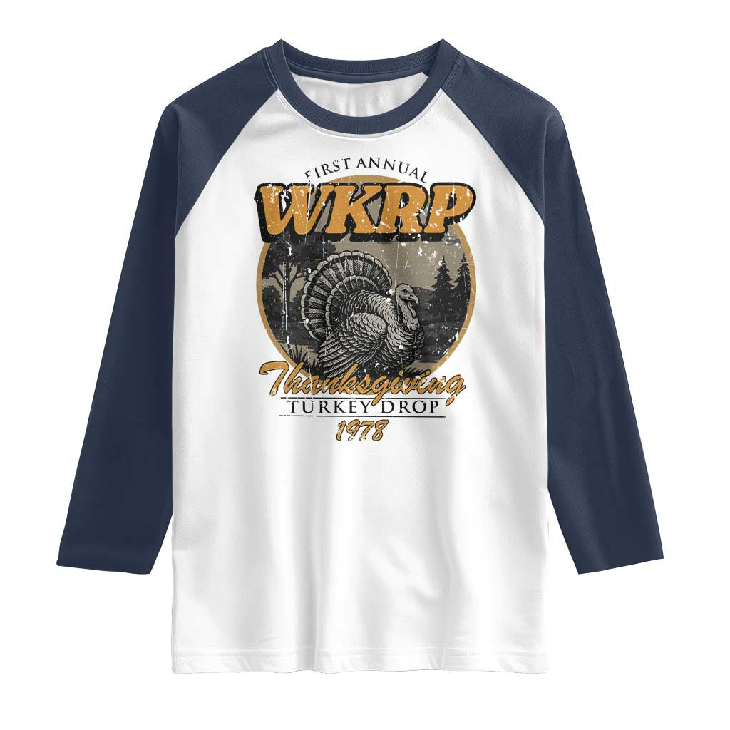 Retro WKRP Thanksgiving Turkey Drop 1978 Raglan Shirt Distressed Vintage Holiday - Wonder Print Shop