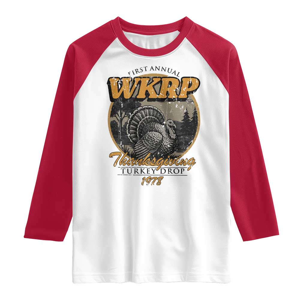 Retro WKRP Thanksgiving Turkey Drop 1978 Raglan Shirt Distressed Vintage Holiday - Wonder Print Shop