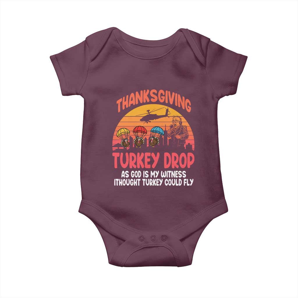 Retro Thanksgiving Turkey Drop Baby Onesie Parachuting Turkeys Funny 70s Parody - Wonder Print Shop