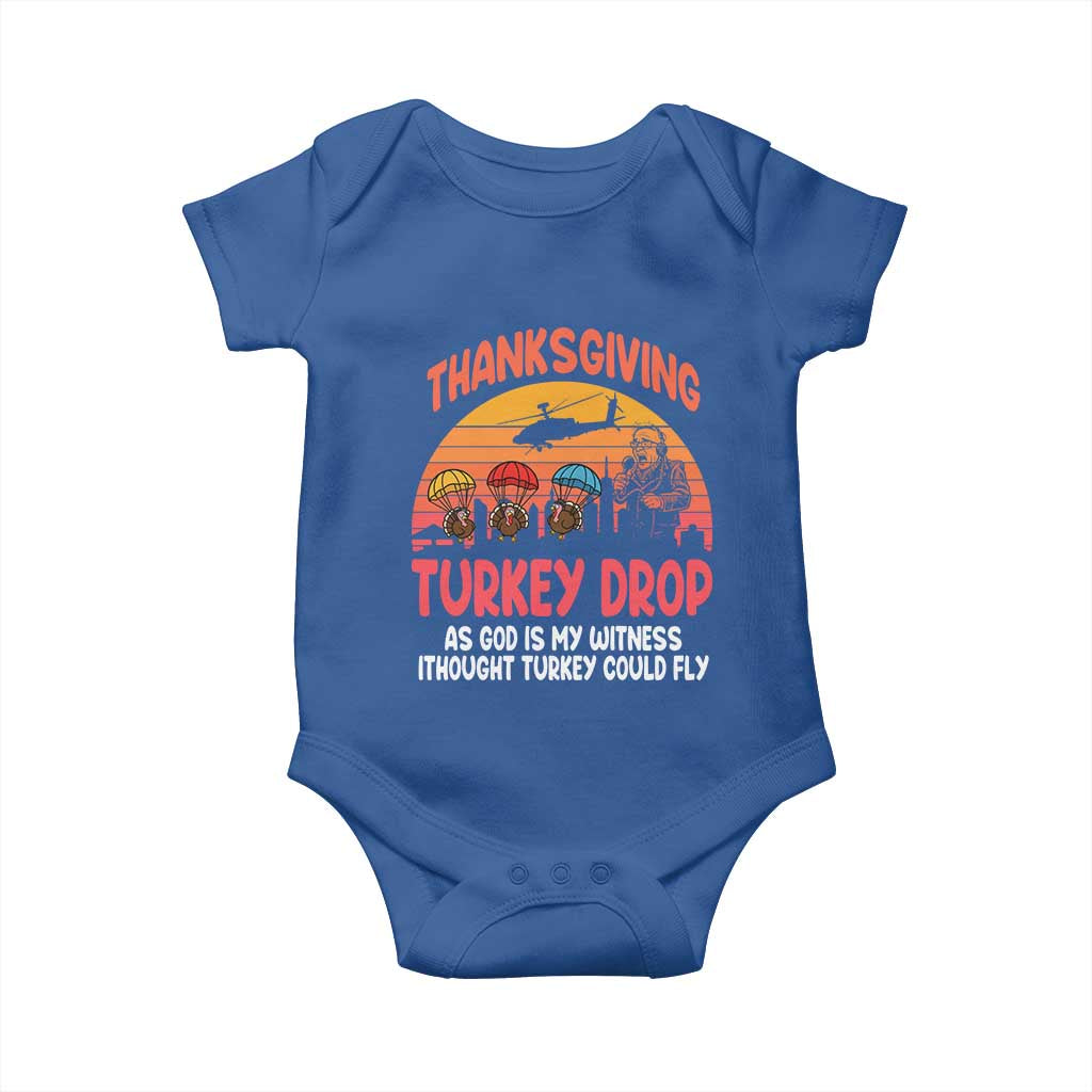 Retro Thanksgiving Turkey Drop Baby Onesie Parachuting Turkeys Funny 70s Parody - Wonder Print Shop