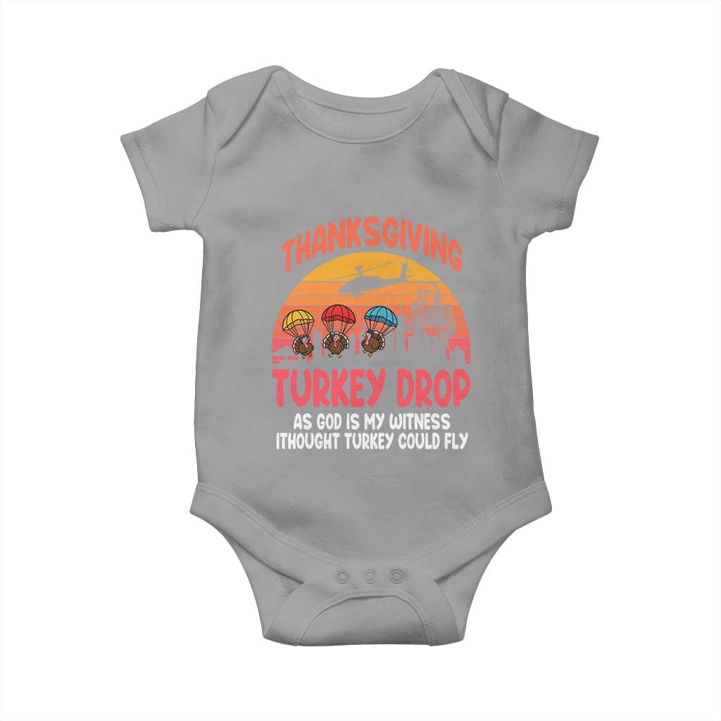 Retro Thanksgiving Turkey Drop Baby Onesie Parachuting Turkeys Funny 70s Parody - Wonder Print Shop
