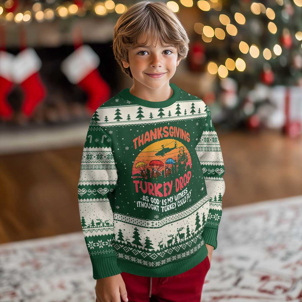 Retro Thanksgiving Turkey Drop Ugly Christmas Sweater Parachuting Turkeys Funny 70s Parody - Wonder Print Shop