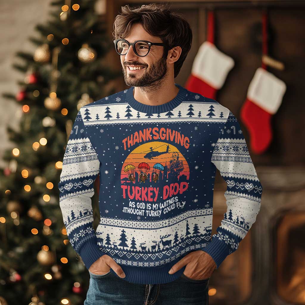 Retro Thanksgiving Turkey Drop Ugly Christmas Sweater Parachuting Turkeys Funny 70s Parody - Wonder Print Shop