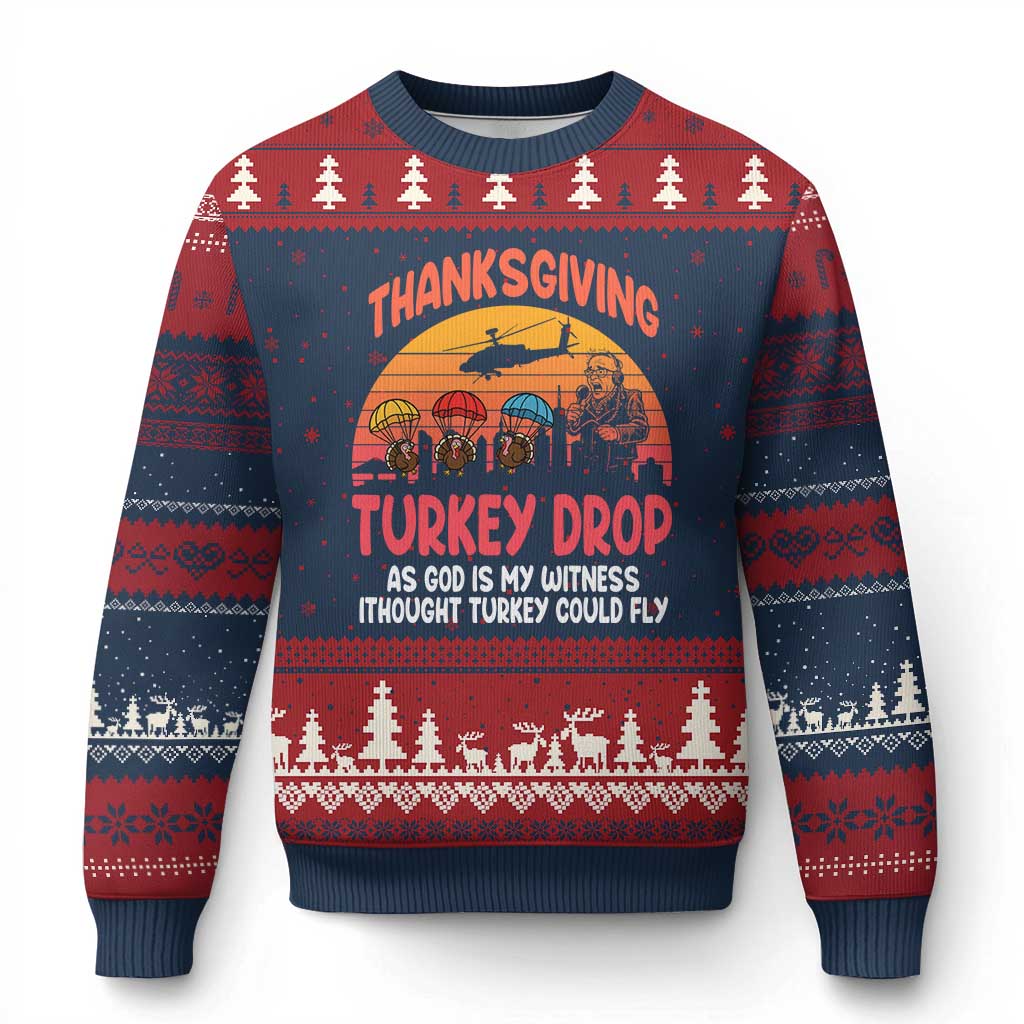 Retro Thanksgiving Turkey Drop Ugly Christmas Sweater Parachuting Turkeys Funny 70s Parody - Wonder Print Shop