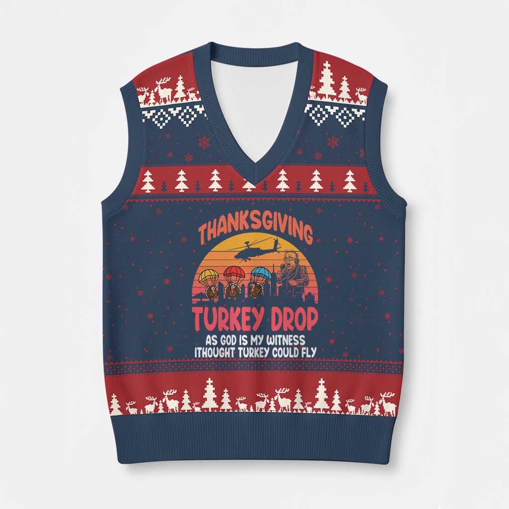 Retro Thanksgiving Turkey Drop V-Neck Knit Sweater Vest Parachuting Turkeys Funny 70s Parody - Wonder Print Shop