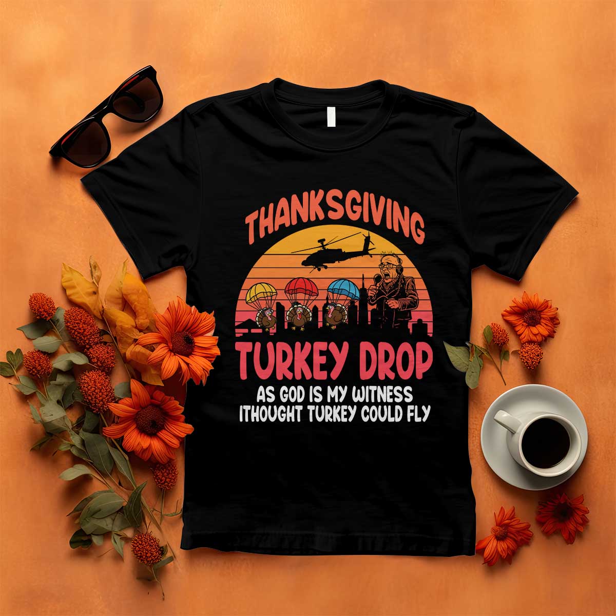 Retro Thanksgiving Turkey Drop T Shirt Parachuting Turkeys Funny 70s Parody - Wonder Print Shop