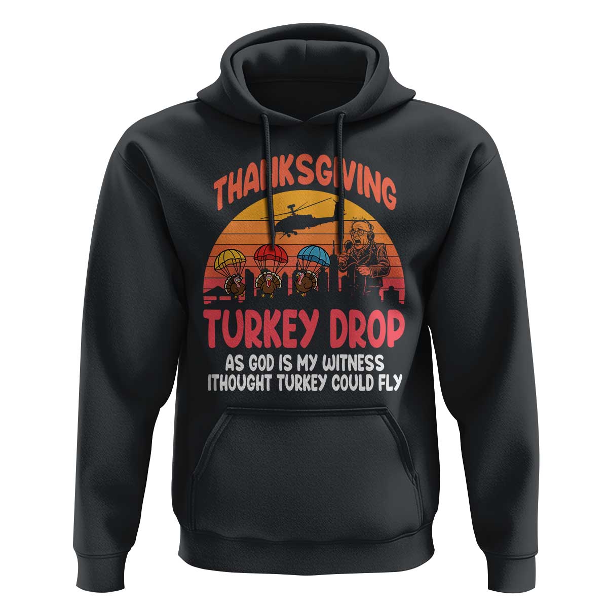 Retro Thanksgiving Turkey Drop Hoodie Parachuting Turkeys Funny 70s Parody - Wonder Print Shop