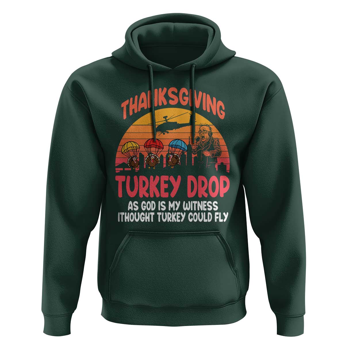 Retro Thanksgiving Turkey Drop Hoodie Parachuting Turkeys Funny 70s Parody - Wonder Print Shop