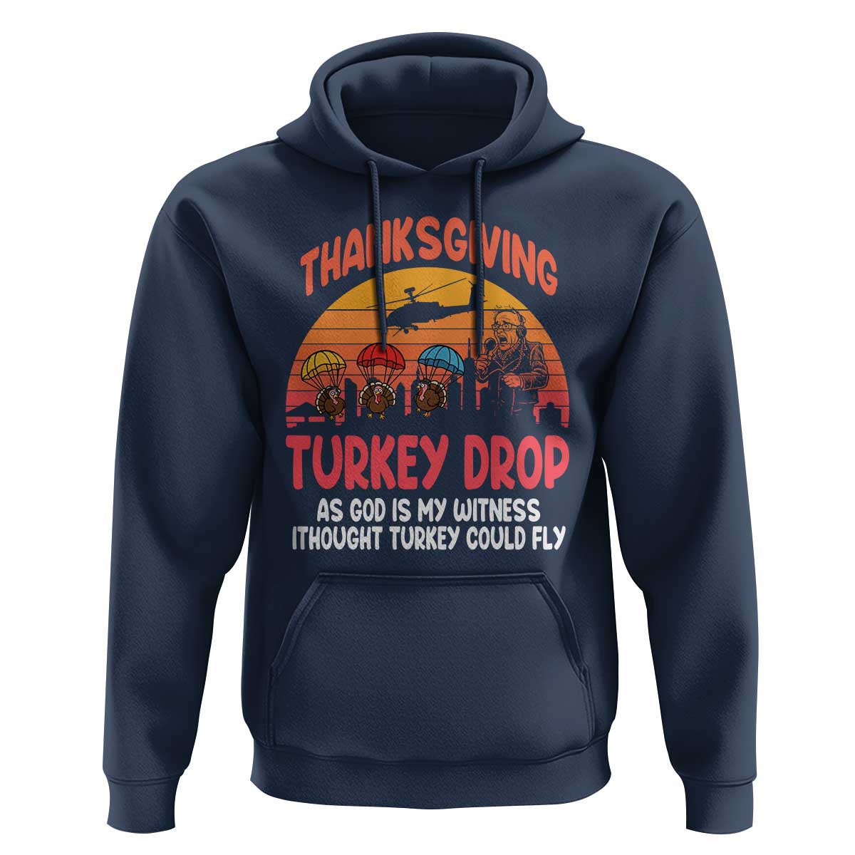 Retro Thanksgiving Turkey Drop Hoodie Parachuting Turkeys Funny 70s Parody - Wonder Print Shop