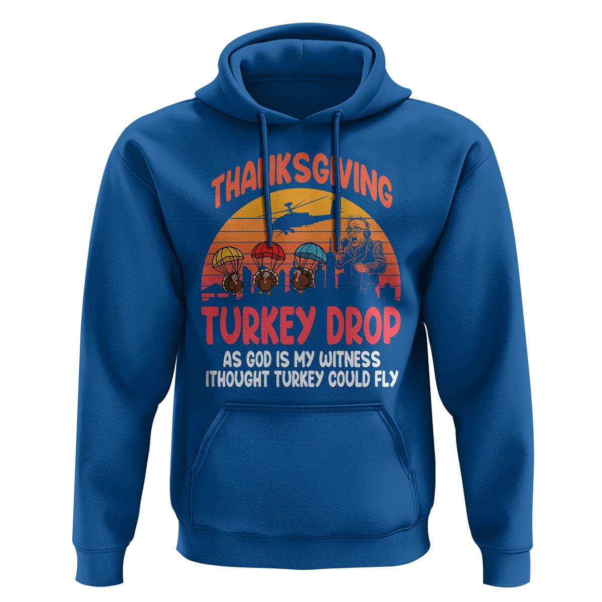 Retro Thanksgiving Turkey Drop Hoodie Parachuting Turkeys Funny 70s Parody - Wonder Print Shop
