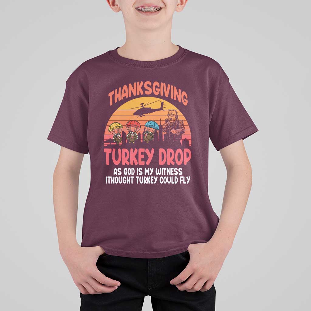 Retro Thanksgiving Turkey Drop T Shirt For Kid Parachuting Turkeys Funny 70s Parody - Wonder Print Shop