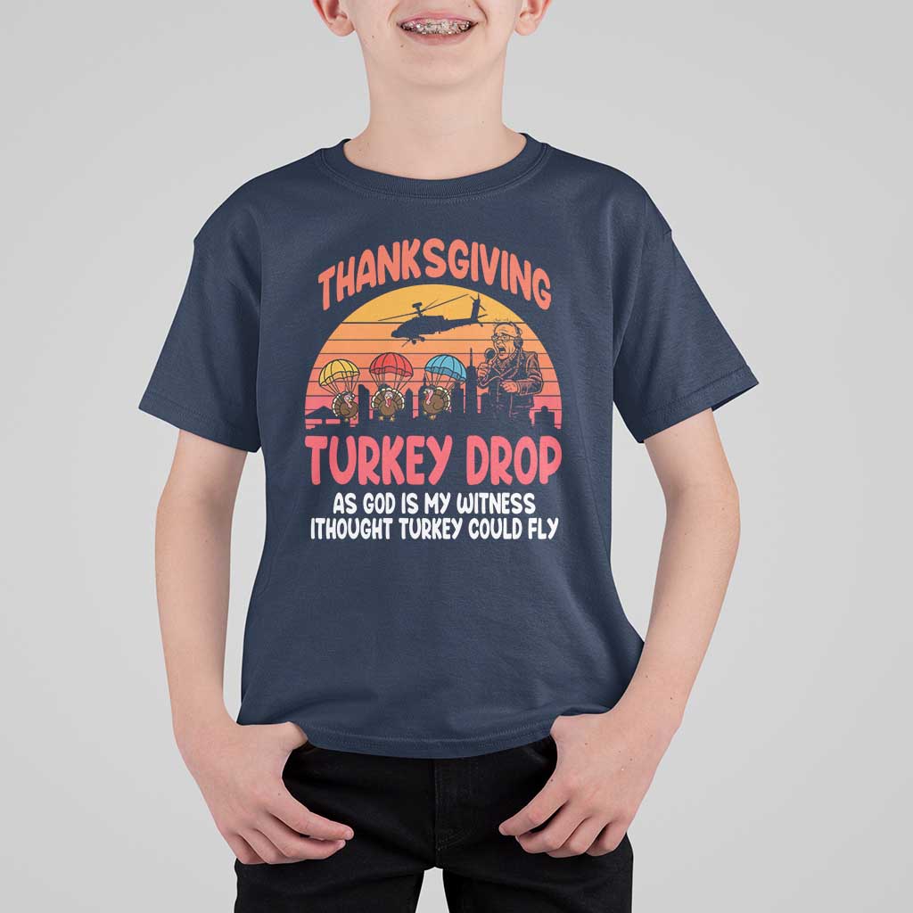 Retro Thanksgiving Turkey Drop T Shirt For Kid Parachuting Turkeys Funny 70s Parody - Wonder Print Shop