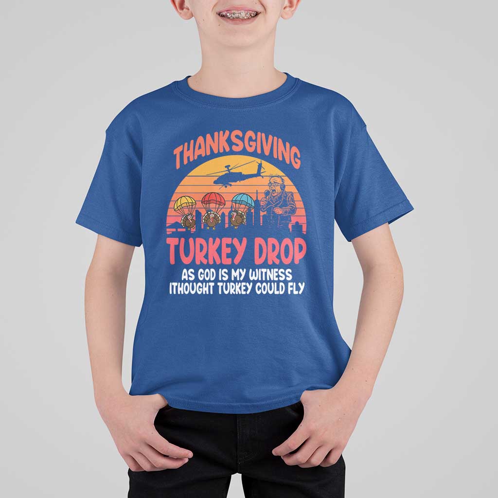 Retro Thanksgiving Turkey Drop T Shirt For Kid Parachuting Turkeys Funny 70s Parody - Wonder Print Shop