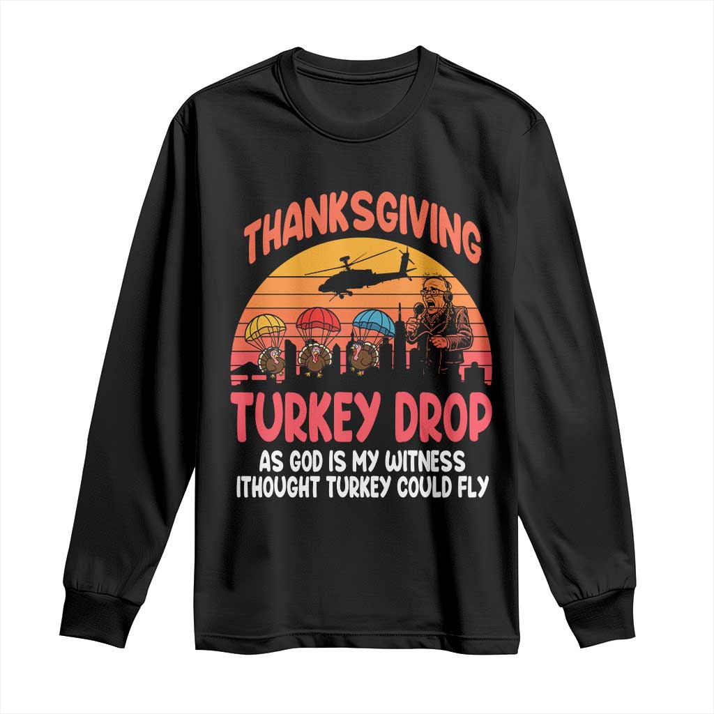 Retro Thanksgiving Turkey Drop Long Sleeve Shirt Parachuting Turkeys Funny 70s Parody - Wonder Print Shop
