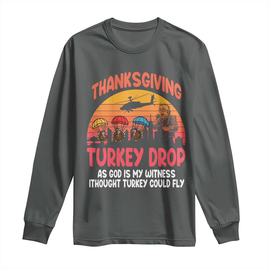 Retro Thanksgiving Turkey Drop Long Sleeve Shirt Parachuting Turkeys Funny 70s Parody - Wonder Print Shop