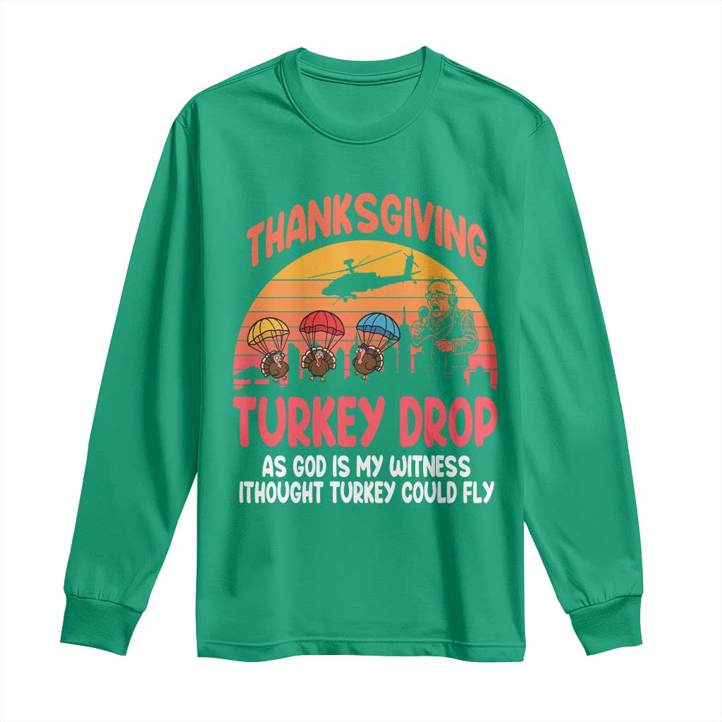 Retro Thanksgiving Turkey Drop Long Sleeve Shirt Parachuting Turkeys Funny 70s Parody - Wonder Print Shop
