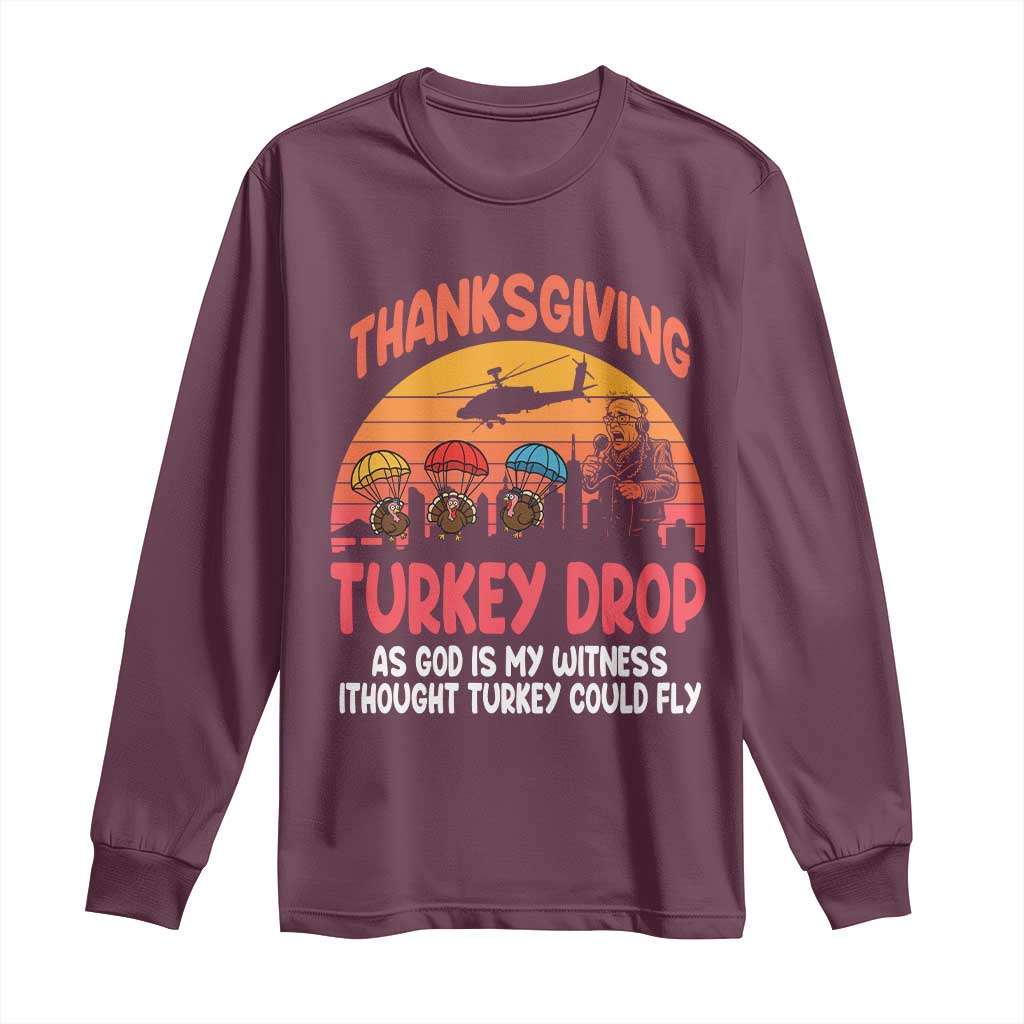 Retro Thanksgiving Turkey Drop Long Sleeve Shirt Parachuting Turkeys Funny 70s Parody - Wonder Print Shop