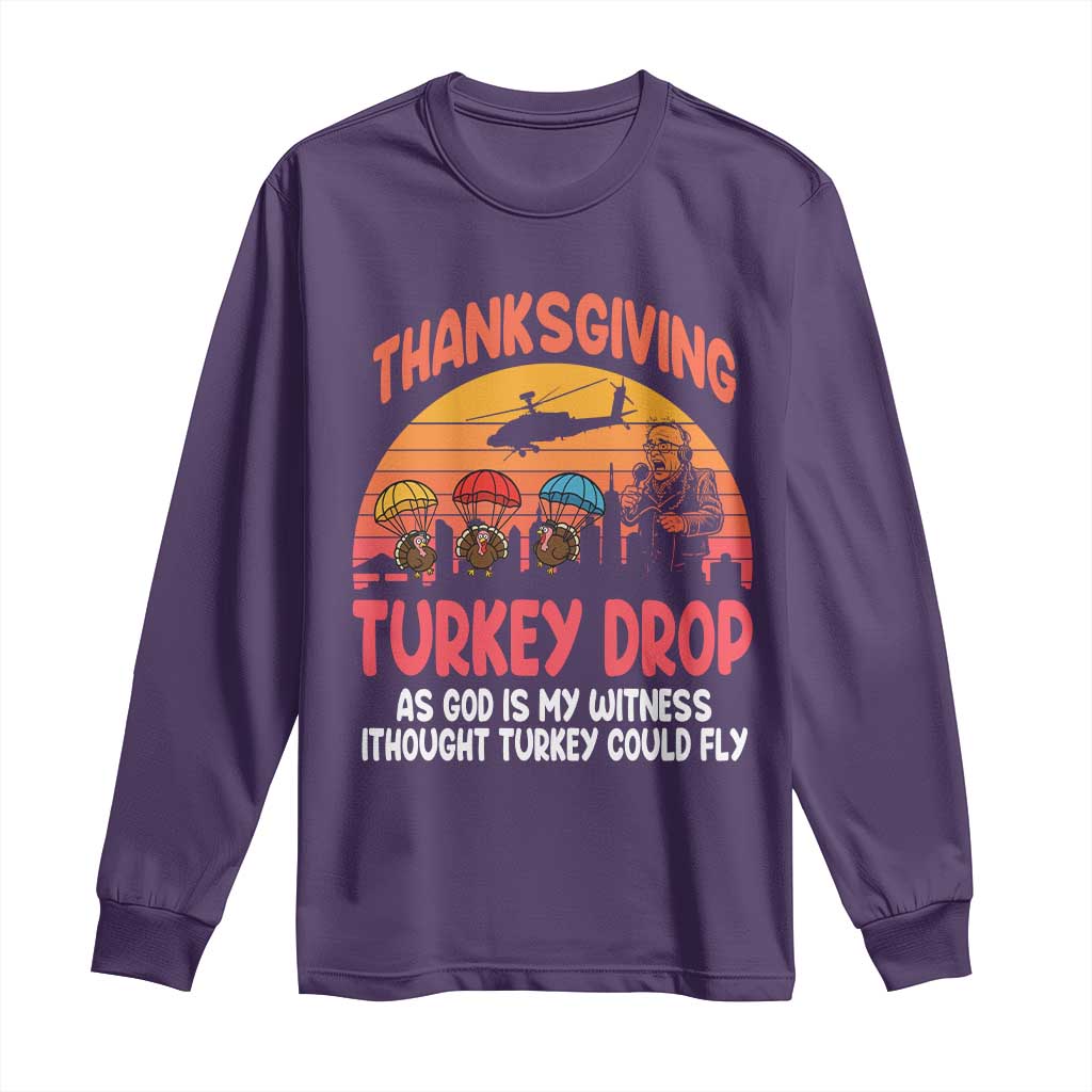 Retro Thanksgiving Turkey Drop Long Sleeve Shirt Parachuting Turkeys Funny 70s Parody - Wonder Print Shop