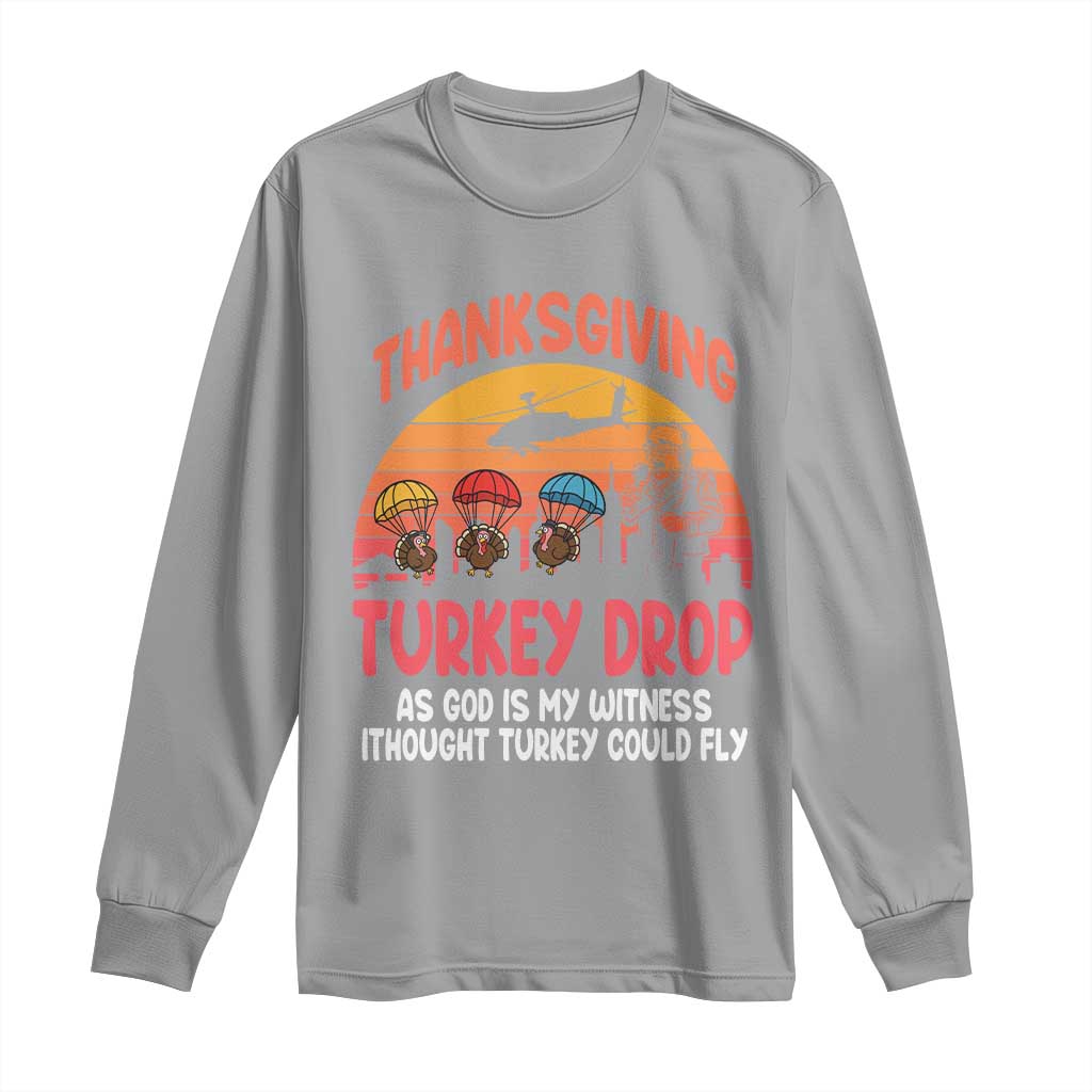 Retro Thanksgiving Turkey Drop Long Sleeve Shirt Parachuting Turkeys Funny 70s Parody - Wonder Print Shop