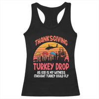 Retro Thanksgiving Turkey Drop Racerback Tank Top Parachuting Turkeys Funny 70s Parody - Wonder Print Shop