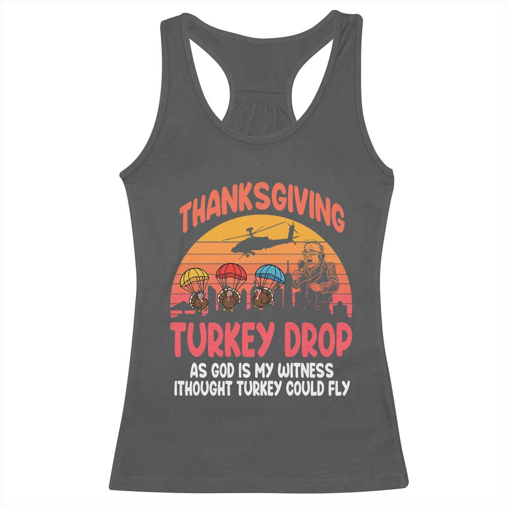 Retro Thanksgiving Turkey Drop Racerback Tank Top Parachuting Turkeys Funny 70s Parody - Wonder Print Shop