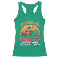 Retro Thanksgiving Turkey Drop Racerback Tank Top Parachuting Turkeys Funny 70s Parody - Wonder Print Shop