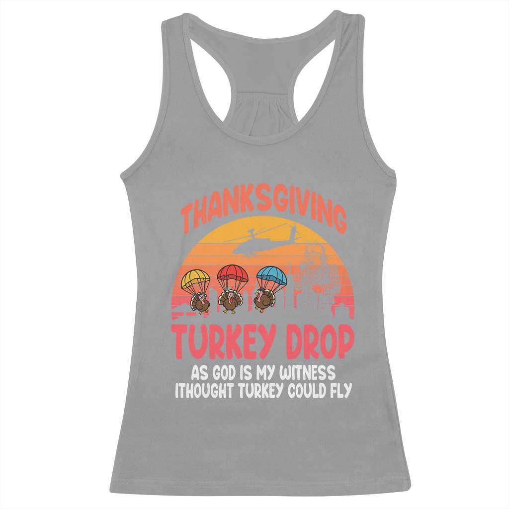 Retro Thanksgiving Turkey Drop Racerback Tank Top Parachuting Turkeys Funny 70s Parody - Wonder Print Shop