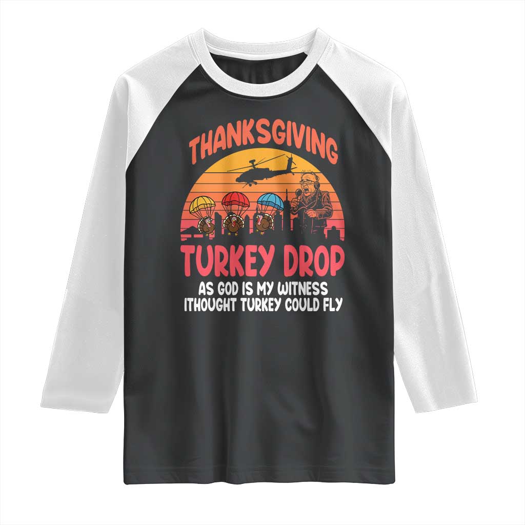 Retro Thanksgiving Turkey Drop Raglan Shirt Parachuting Turkeys Funny 70s Parody - Wonder Print Shop