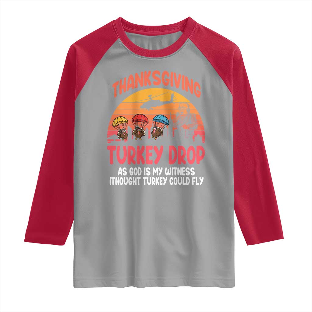 Retro Thanksgiving Turkey Drop Raglan Shirt Parachuting Turkeys Funny 70s Parody - Wonder Print Shop