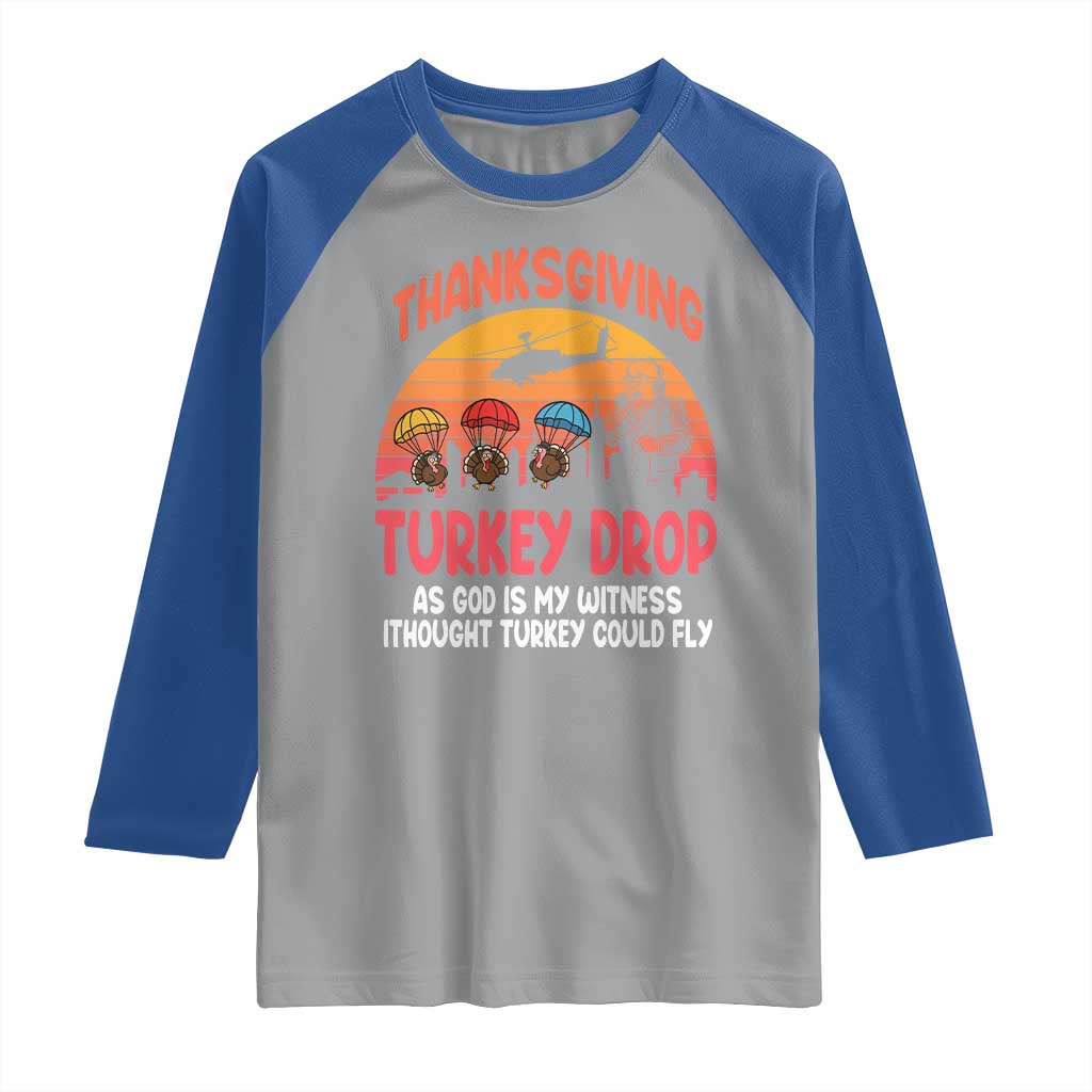 Retro Thanksgiving Turkey Drop Raglan Shirt Parachuting Turkeys Funny 70s Parody - Wonder Print Shop