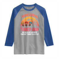Retro Thanksgiving Turkey Drop Raglan Shirt Parachuting Turkeys Funny 70s Parody - Wonder Print Shop
