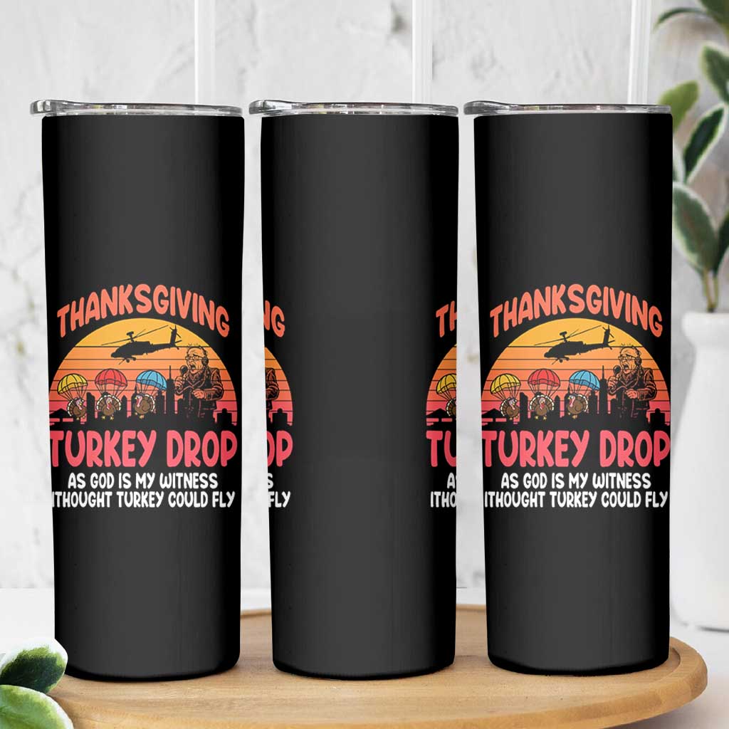 Retro Thanksgiving Turkey Drop Skinny Tumbler Parachuting Turkeys Funny 70s Parody - Wonder Print Shop
